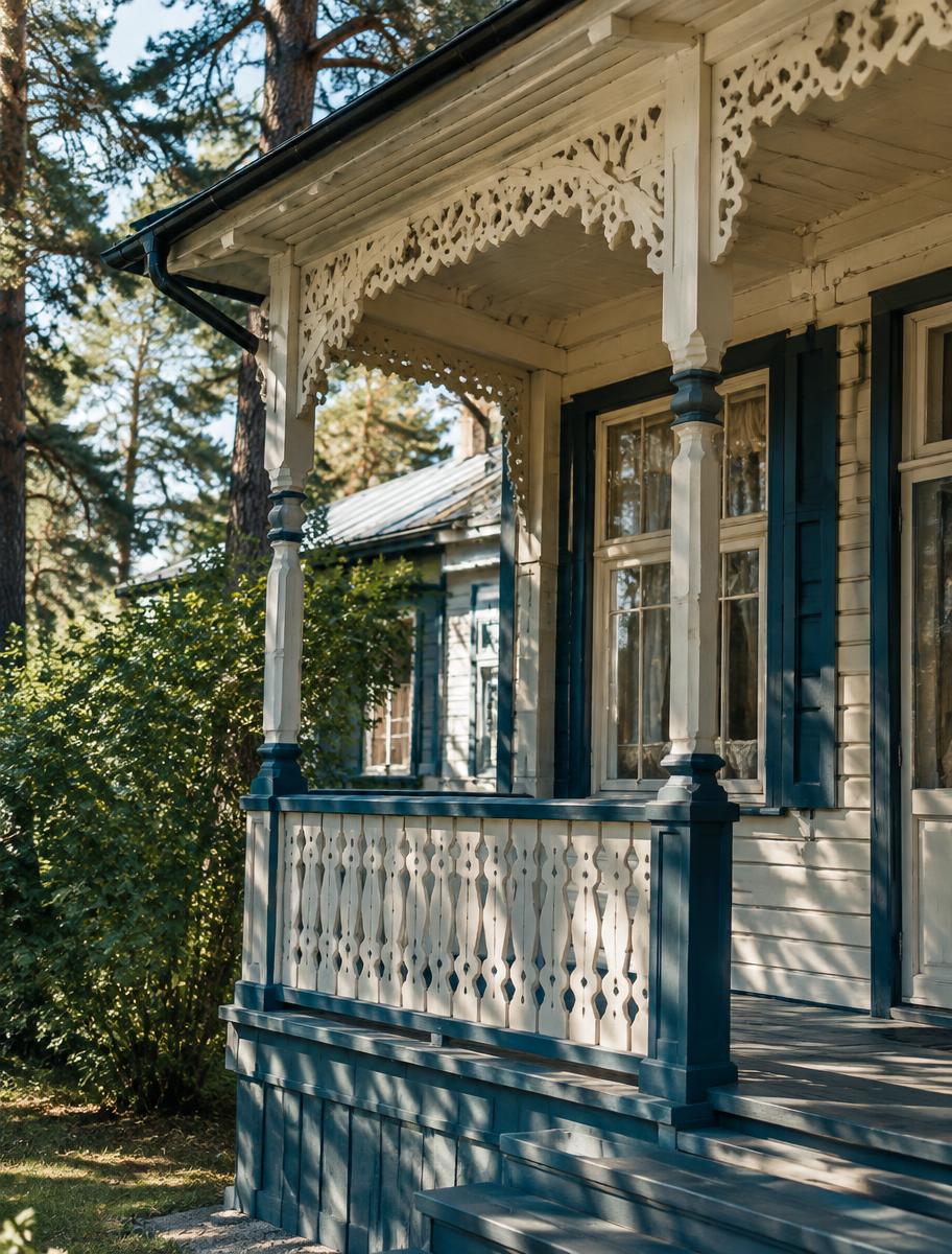 Koka vasarnīcas veranda priežu ēnā